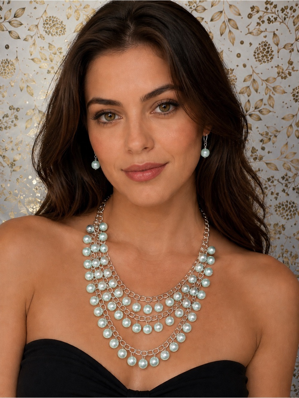 3/30 ✨✨ Layered Light Aqua Pearl Necklace and Earring Set - Elegant Multi-Strand